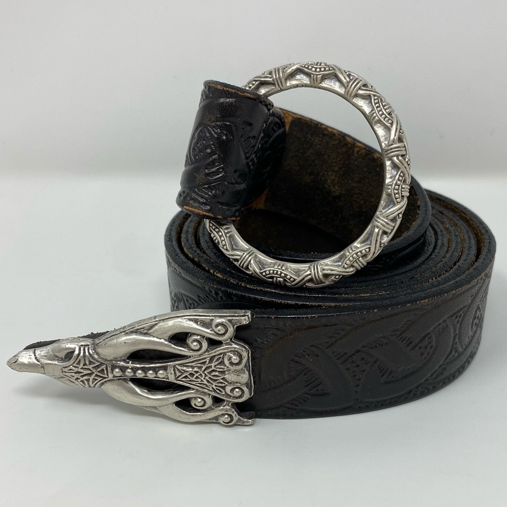 Black Celtic Knot Ring Belt Silver Viking Stag Tip
